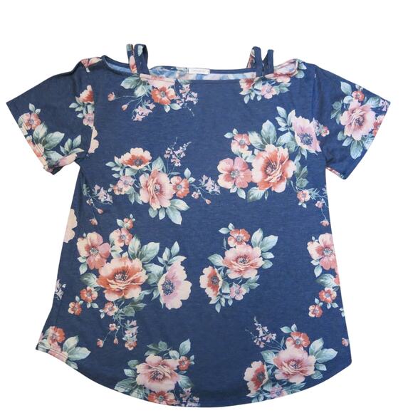 ANTHROPOLOGIE 12 PM by Mon Ami Cold Shoulder Top Size L Short Sleeve Blue Floral - Picture 1 of 5